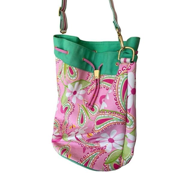 Lily Pulitzer Womens Pink Paisley Adjustable Shoulder Strap Canvas Bucket Bag - Picture 6 of 7